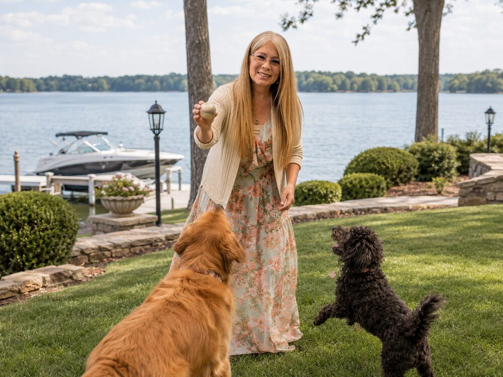 Treana playing fetch with two dogs by the lake