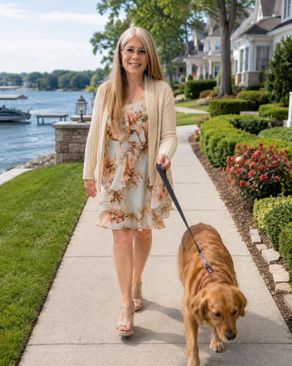 Treana walking a golden retriever along Lake Norman