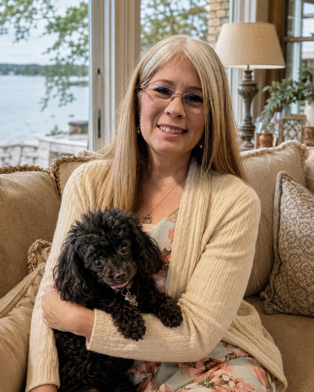 Treana snuggling a toy poodle at home