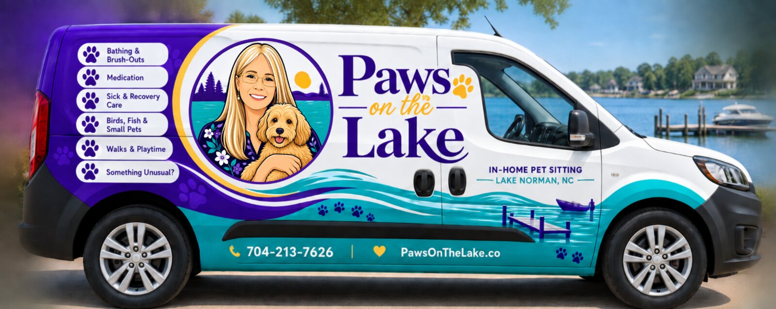 The Paws on the Lake van parked beside Lake Norman